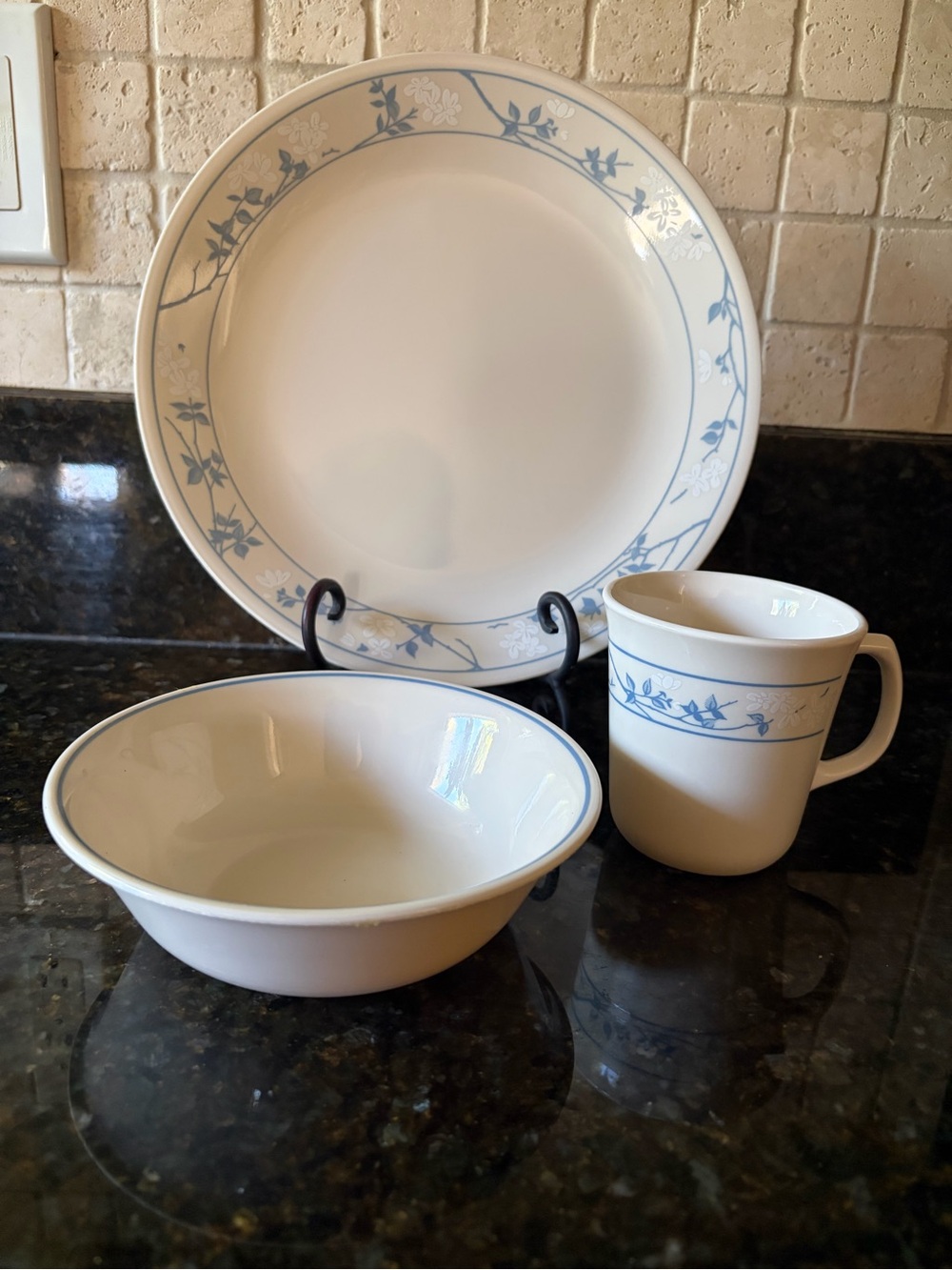 Cream and Light Blue Floral Dinnerware Set - Plate, Bowl, Mug